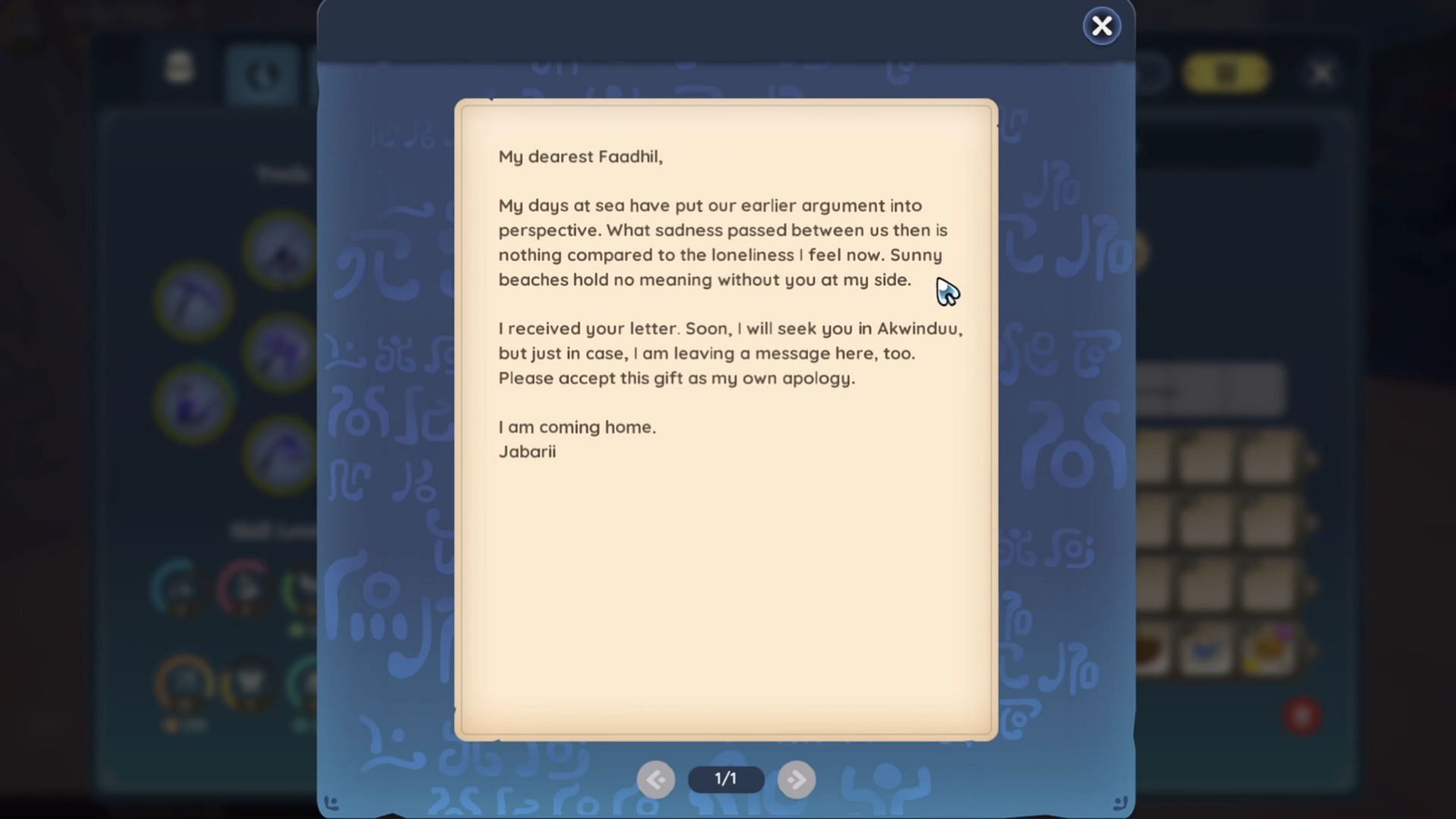 Jabarii responds to Faadhil’s many messages with a heartfelt apology (Image via Singularity 6)